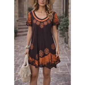 Sunflower Mini Dress Rayon Crinkle Sequins Embroidered Boho Hippie Womens Sz OS